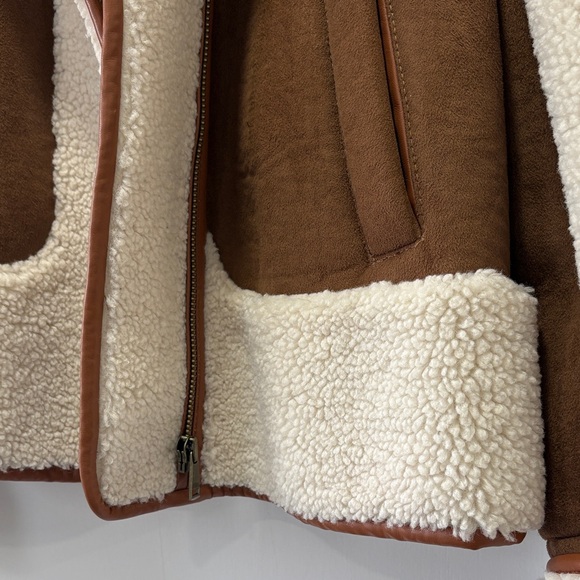 LOFT Ivory Cream Sherpa & Brown Faux Suede Moto Zip Jacket Coat Size Medium - Picture 6 of 15